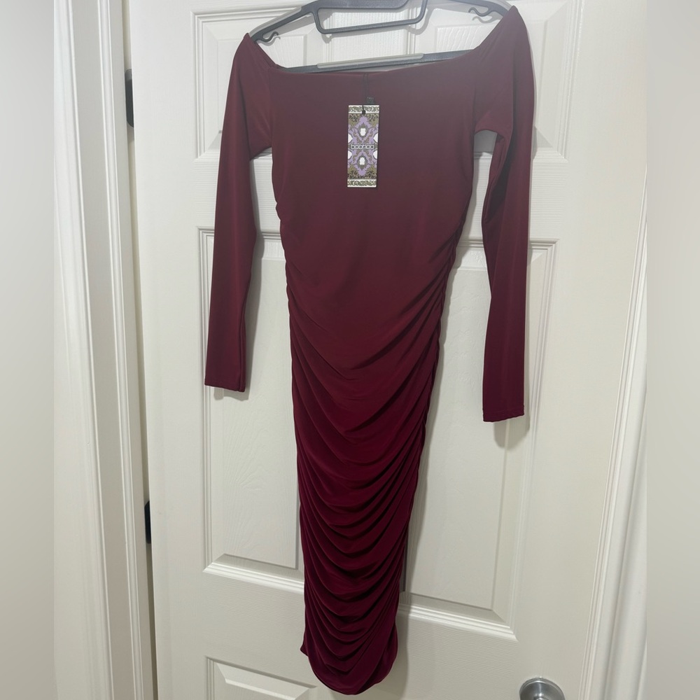 Boohoo Slinky Bardot Ruched Midi Dress wine size 4